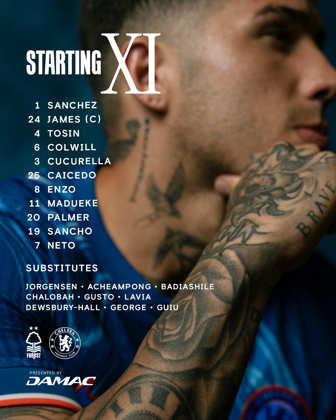 🔥切尔西vs诺丁汉森林首发:帕尔默领衔蓝军,伍德、凯塞多在列